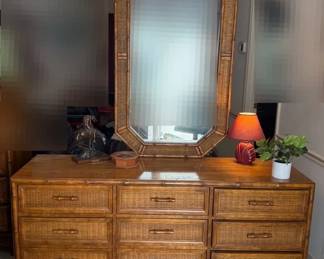 American Of Martinsville Wicker Bamboo Style Nine Drawer Dresser With Mirror And Accessories