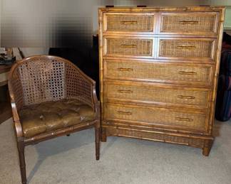 MidCentury Bamboo and Rattan Highboy Chest and Bamboo Barrel Chair with Cane Back