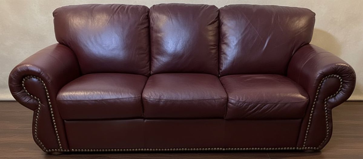 Traditional Chateau D’ax Burgundy Leather Sofa with Nailhead Trim