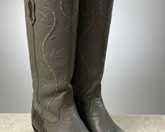 Vintage Grey Leather Cowboy Boots with Caiman Inlay and Floral Stitching