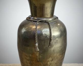 Large Hammered Brass Vase with Rope and Tassel Detail