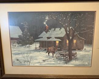 Winter Cabin with Horse and Cart Print by Ted Blaylock