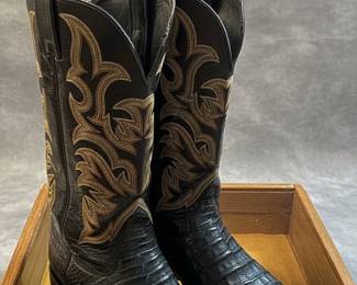 Black Caiman Belly Cowboy Boots with Gold Stitching