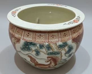 Vintage Chinese Porcelain Fish Bowl with Horse and Goldfish Motif