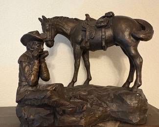 Cowboy Playing Harmonica with Horse Resin Sculpture 