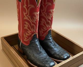 Men's Black Full Quill Ostrich and Red Leather Western Boots
