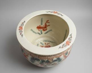 Vintage Chinese Porcelain Fish Bowl with Horse and Goldfish Motif