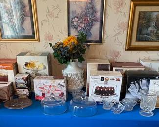Assorted Glassware and Serving Dishes - Including Beverage Dispenser, Cake Stands, and Pitchers