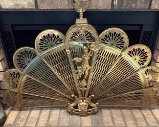 Brass Fan Fireplace Screen with Peacock Motif and Figural Finial