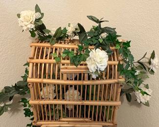 Vintage Bamboo Birdcage with White Floral Arrangement