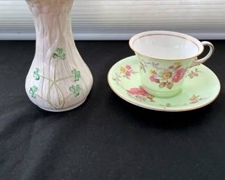 Belleek Daisy Spill Vase  Aynsley Tea Cup  Saucer