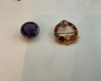 Amethyst and diamond 15k brooch, Scottish agate in 18K gold, both late 1800’s