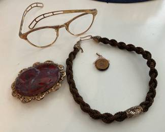 10K solid gold mid century Gaspari glasses, agate brooch, Victorian hair jewelry braided, tiger eye intaglio pendant/fob in rose gold