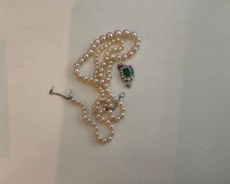 Platinum emerald and diamond Edwardian pearl necklace