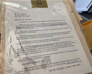 Letter and photo  50th anniversary of SOCIAL SECURITY AND 20 YEAR ANNIVERSARY OF MEDICARE