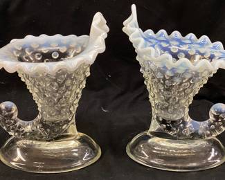 (2) FENTON OPALESCENT MOONSTONE HOBNAIL GLASS CORNUCOPIA VASES, 6 & 6.5in H