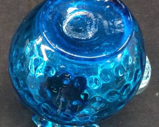 VTG. FENTON RUFFLED BLUE GLASS COIN DOT OPTIC PITCHER, 12in