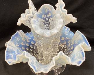  FENTON MOONSTONE OPALESCENT HOBNAIL 3-HORN EPERGNE 6.5in H