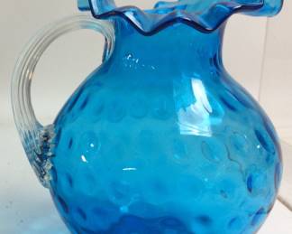 VTG. FENTON RUFFLED BLUE GLASS COIN DOT OPTIC PITCHER, 12in