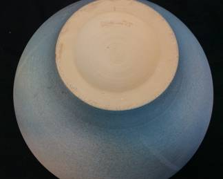 DEBORAH SCHECHTER HAND PAINTED VASE BOWL FEATURING A PASTEL OMBRÃ‰ GRADIENT OF PINK & BLUE WITH GEOMETRIC LINE DESIGN