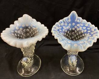(2) FENTON OPALESCENT MOONSTONE HOBNAIL GLASS CORNUCOPIA VASES, 6 & 6.5in H