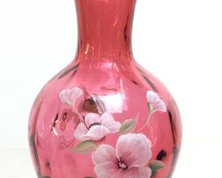 FENTON ART GLASS WILD ROSE CRANBERRY VASE w HAND PAINTED DAISY FLOWERS BY S. STEPHENS, 9in