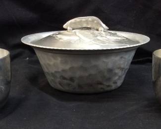 2 KIRK STIEFF PEWTER CUPS & EVERLAST FORGED ALUMINUM BOWL w LID