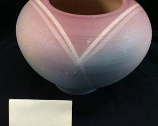 DEBORAH SCHECHTER HAND PAINTED VASE BOWL FEATURING A PASTEL OMBRÃ‰ GRADIENT OF PINK & BLUE WITH GEOMETRIC LINE DESIGN