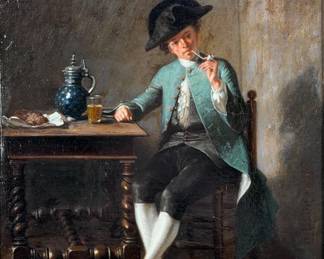 Adolphe Francois Monfallet “Smoking the Pipe” Oil on Panel