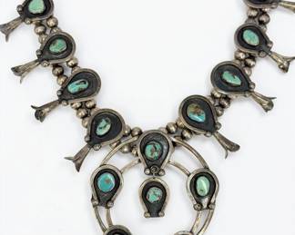 Vintage Navajo Silver and Turquoise Squash Blossom Necklace
