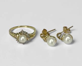 10K Gold Pearl & Diamond Earrings & Ring