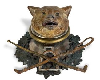 Antique Cold Cast Painted Fox Head Inkwell