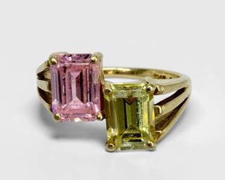14K Gold & Emerald Cut Cubic Zirconia Ladies Ring