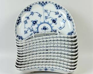 (12pc) Royal Copenhagen Blue Fluted Full Lace Crescent Dishes