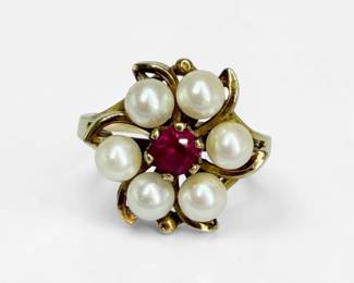 10K Gold Pearl Ruby Ladies Ring