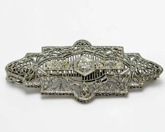 14K White Gold & Diamond Art Deco Filigree Brooch