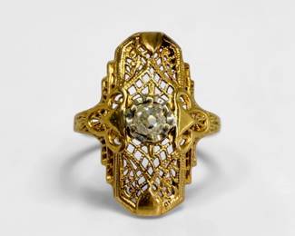 14K Gold & Diamond Art Deco Filigree Ring