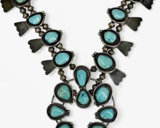 Vintage Silver & Turquoise Squash Blossom Necklace