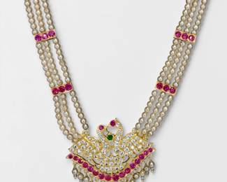 Indian High Karat Gold, Red & White Stone Pearl Necklace