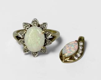 10K Gold Opal & Diamond Ring & Pendant
