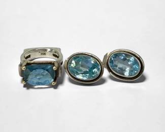 Sterling Blue Topaz Ring & Earrings W/ 14K Gold Accents