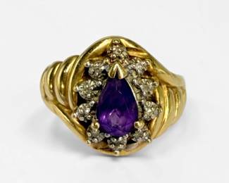 14K Gold Amethyst & Diamond Ladies Ring