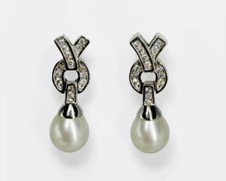 14K White Gold Diamond & Pearl Earrings