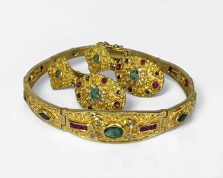 18K Gold Emerald, Ruby & Sapphire Earring & Bracelet Set