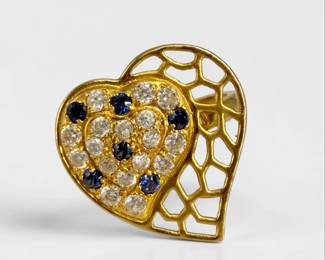 21K Gold Heart Ring With Blue and White Stones