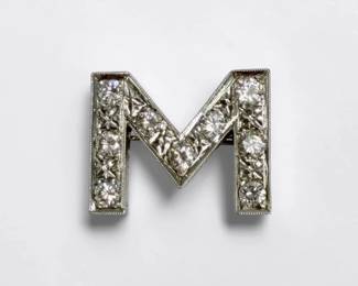 14K White Gold & Diamond 'M' Brooch