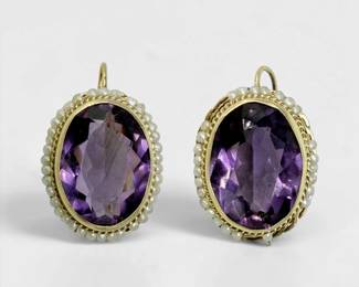 14K Yellow Gold Earrings W/ Large Amethyst and Pearls
