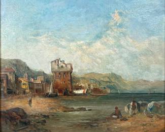 Alfred Pollentine 'Coastal Harbor Scene' Oil On Canvas