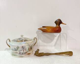 vintage hand carved wooden duck decoy, vintage brass shoe horn with a horse head handle, vintage royal bayreuth bavaria lidded sugar bowl