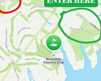 This sale is located in River Hills Country Club which is a gated community. Enter through the front gate which is located on Heritage Dr. You will not be able to get in the back gate, that is for residents only. At the gate tell the security guard you're coming to the Pure & Simple Estate Sale. You will have to show your ID.